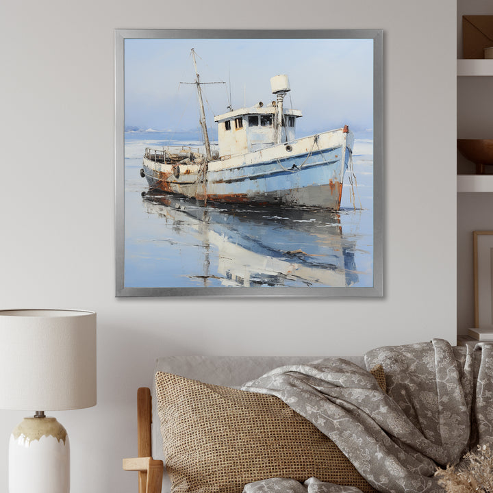 Minimalist White Nautical fishing boat - White Nursery Teddy Bear Wall Art