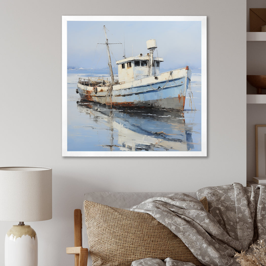 Minimalist White Nautical fishing boat - White Nursery Teddy Bear Wall Art