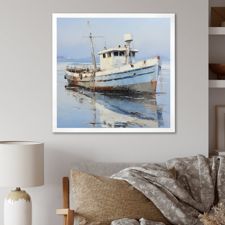 Minimalist White Nautical fishing boat - White Nursery Teddy Bear Wall Art