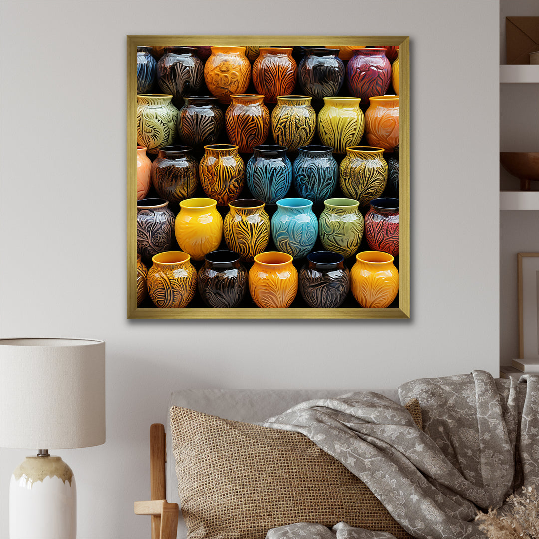 Yellow Boho Pottery Decor - Nursery Teddy Bear Framed Canvas Art