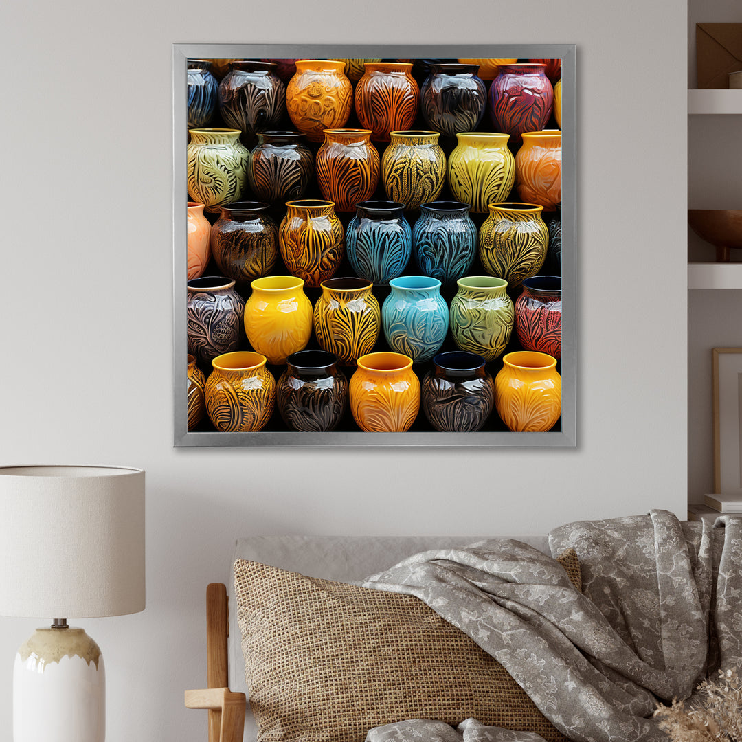 Yellow Boho Pottery Decor - Nursery Teddy Bear Framed Canvas Art