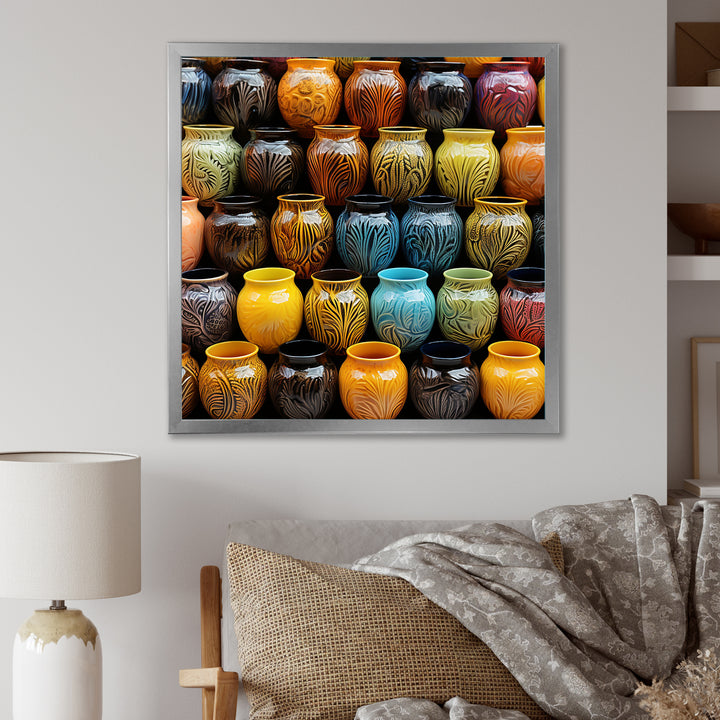 Yellow Boho Pottery Decor - Nursery Teddy Bear Framed Canvas Art