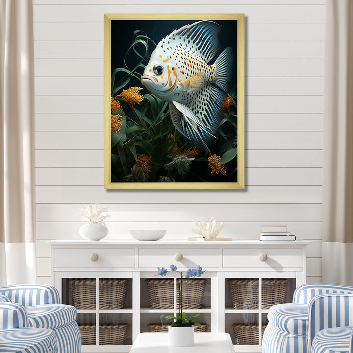 White Classical Butterfly fish Symphony - Butterfly Fish Framed Canvas Art