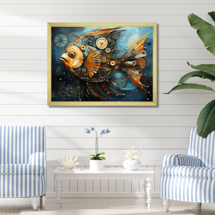 Yellow Cubist fish blue collage - Butterfly Fish Large Canvas Wall Art
