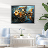 Yellow Cubist fish blue collage - Butterfly Fish Large Canvas Wall Art
