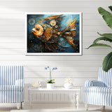 Yellow Cubist fish blue collage - Butterfly Fish Large Canvas Wall Art