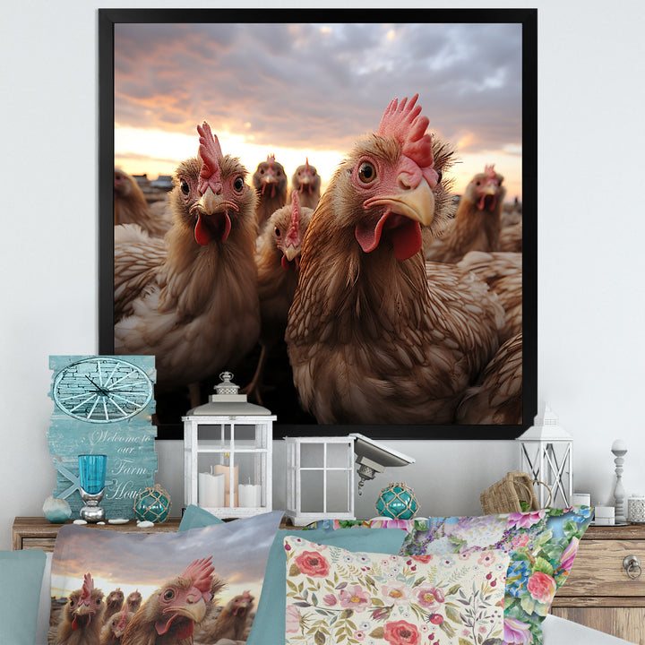 Red Chicken family at sunset - Chicken Wall Art Prints