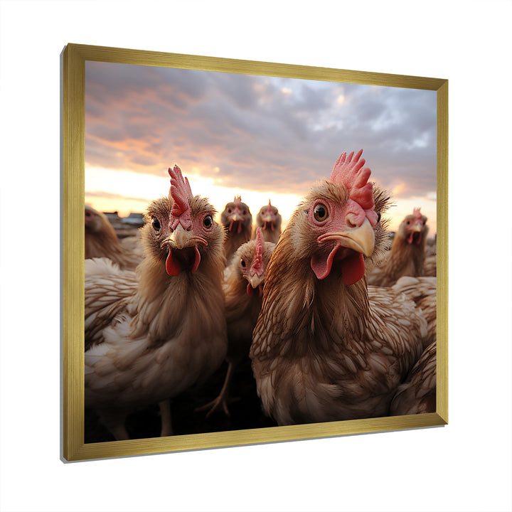 Red Chicken family at sunset - Chicken Wall Art Prints
