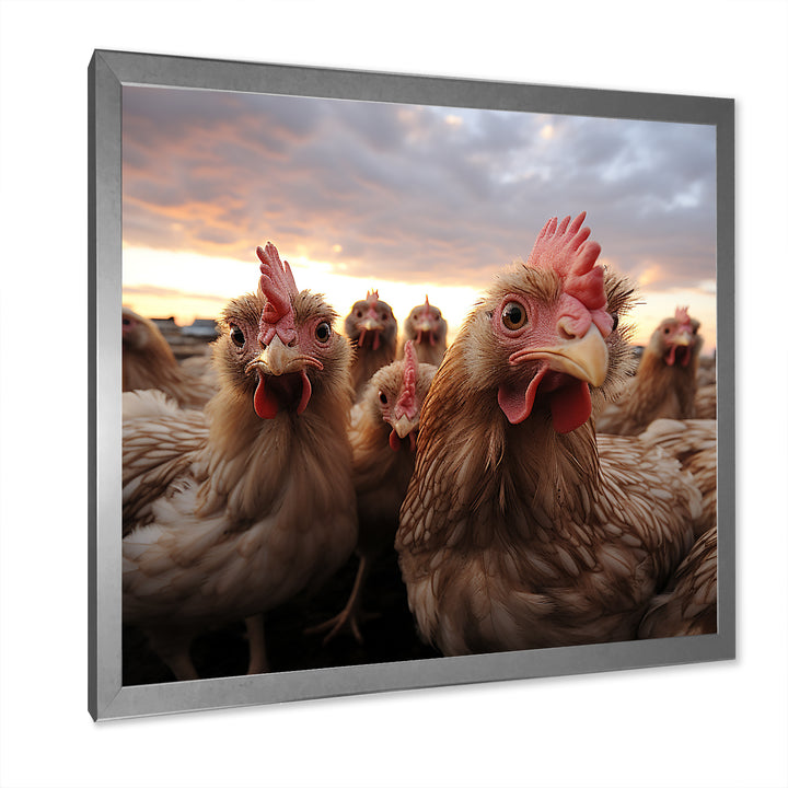 Red Chicken family at sunset - Chicken Wall Art Prints