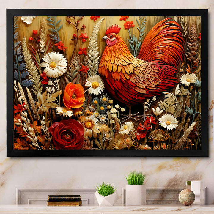 Country Quill floral Rooster - Red Chicken Wall Art