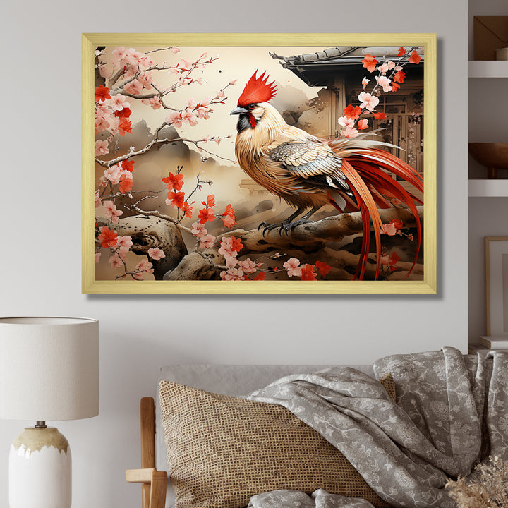 Japan beige and red Rooster - Rooster Living Room Wall Art