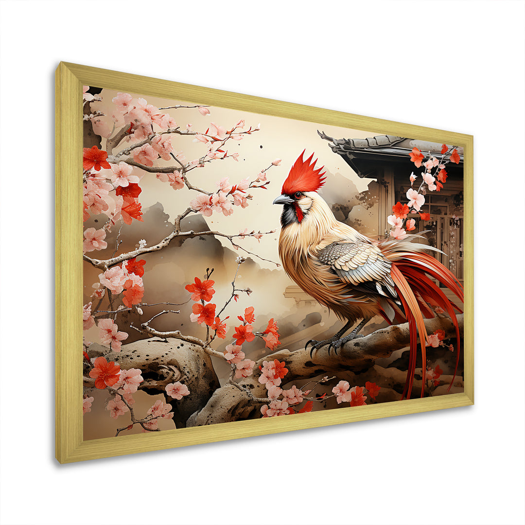 Japan beige and red Rooster - Rooster Living Room Wall Art