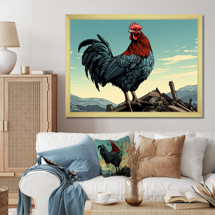Rooster in the Farm Sunrise - Red Chicken Wall Art