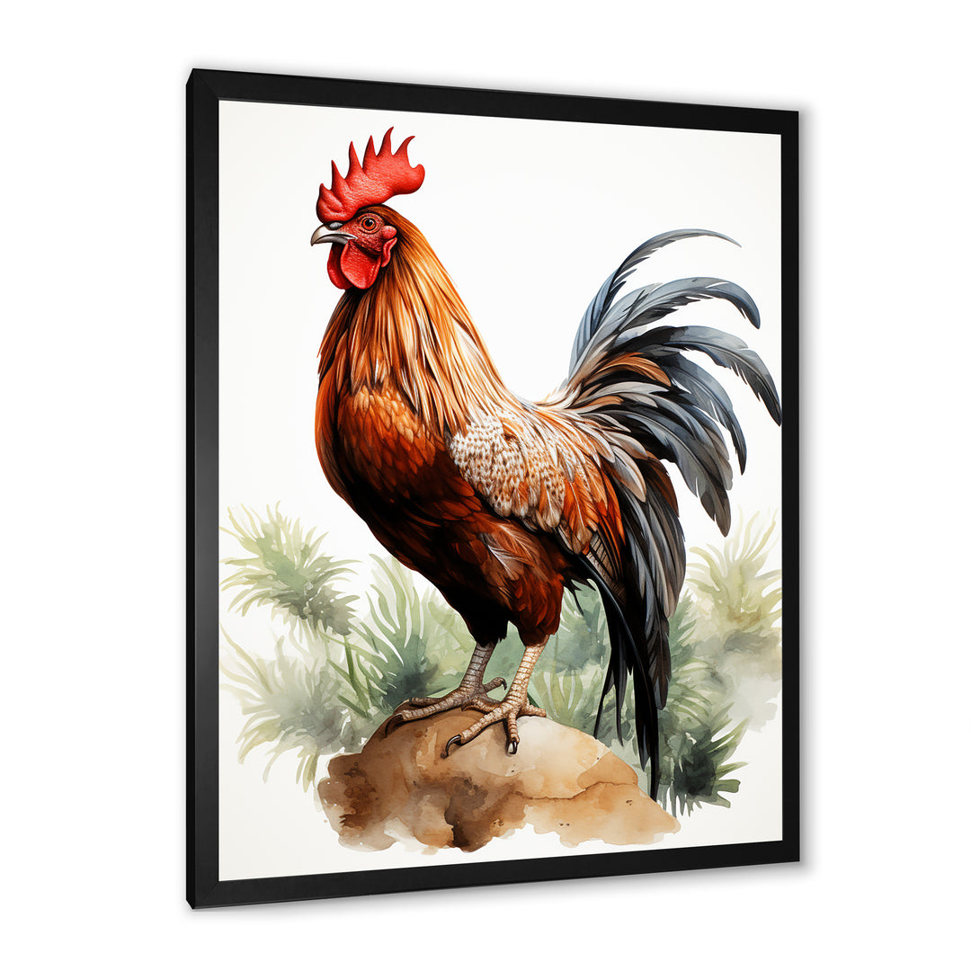 Red Pointillist Plumage Study rooster - Chicken Framed Canvas Art