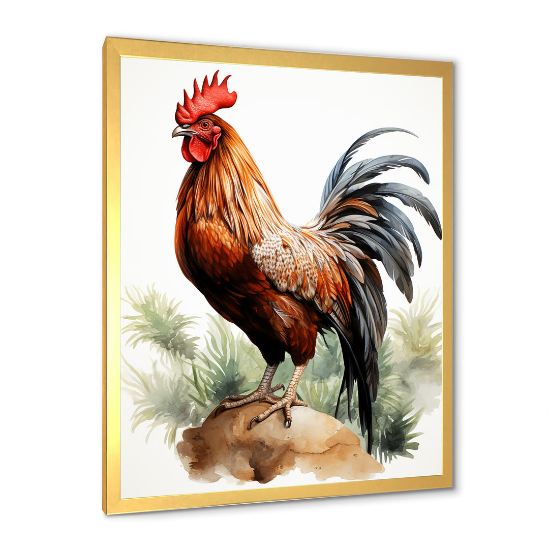Red Pointillist Plumage Study rooster - Chicken Framed Canvas Art