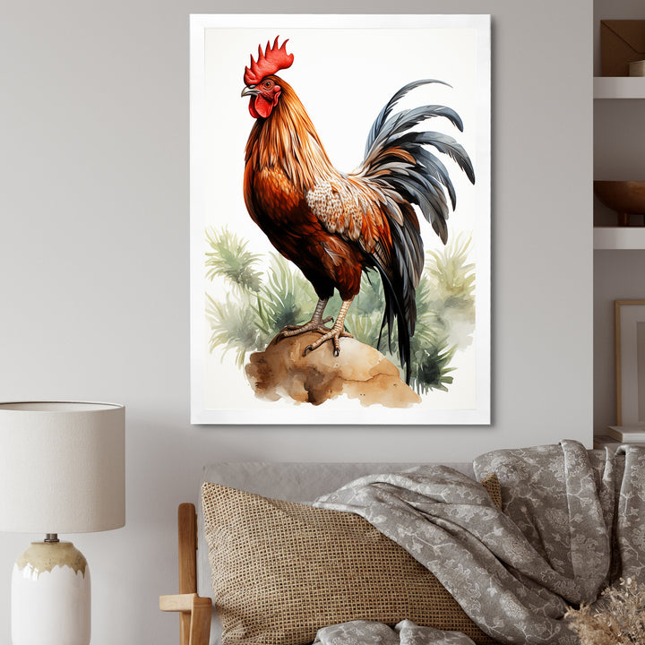 Red Pointillist Plumage Study rooster - Chicken Framed Canvas Art