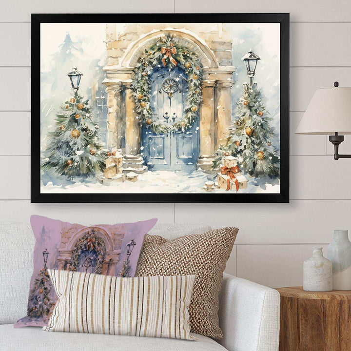 Christmas garland  door in winter 3 - Landscapes Canvas Wall Art