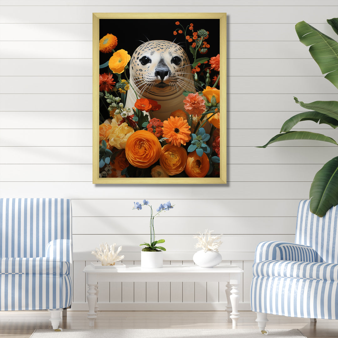 Colorful floral Harbor Seal blooms - Coastal Animal Wall Art Prints