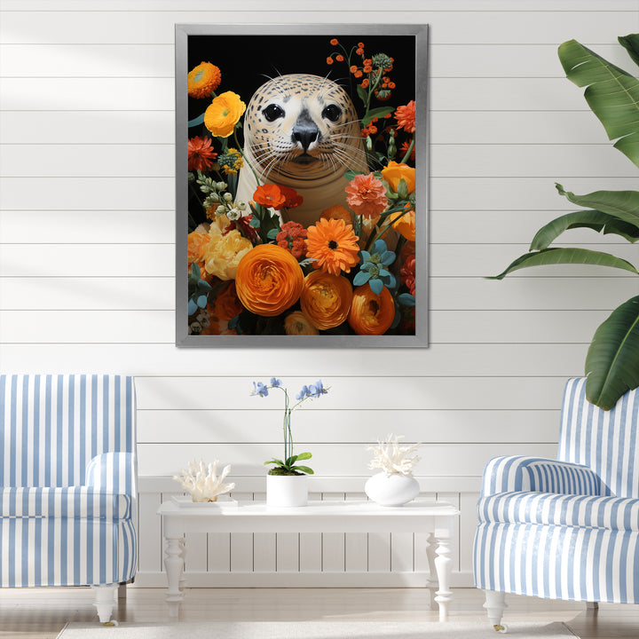 Colorful floral Harbor Seal blooms - Coastal Animal Wall Art Prints