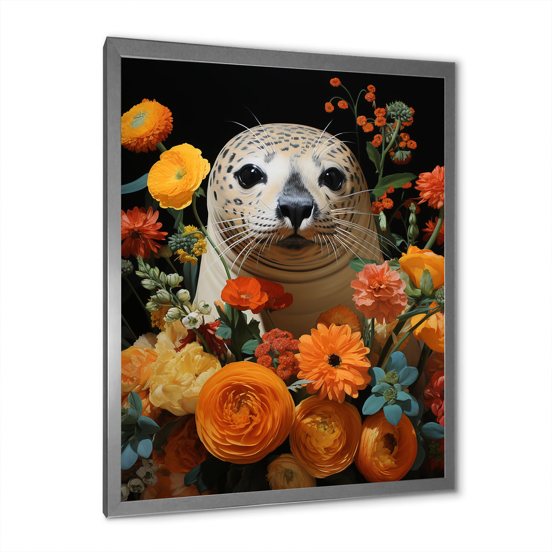 Colorful floral Harbor Seal blooms - Coastal Animal Wall Art Prints