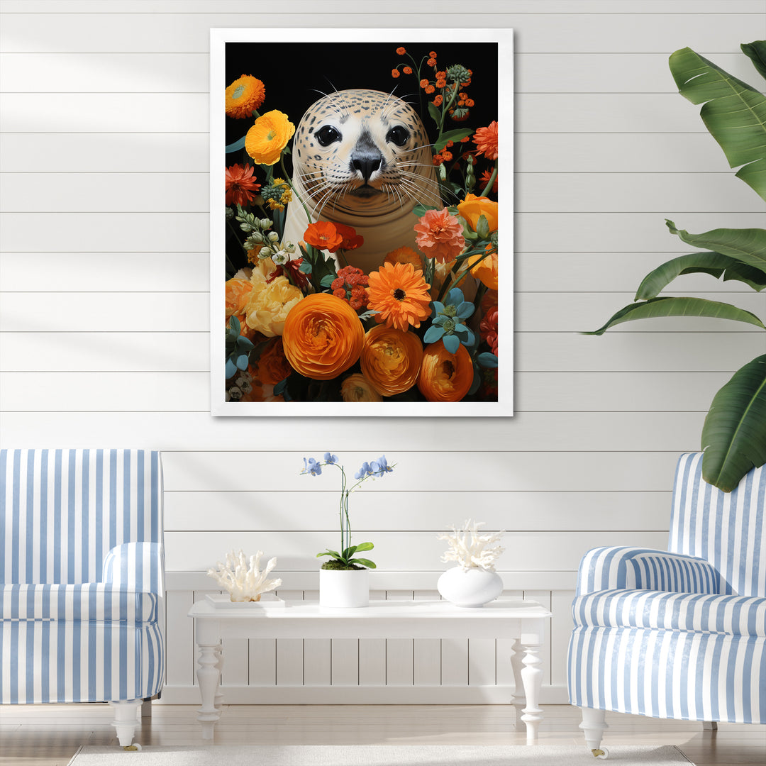 Colorful floral Harbor Seal blooms - Coastal Animal Wall Art Prints