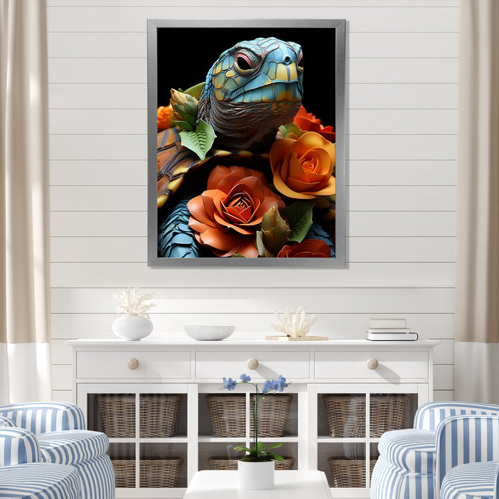 Floral Harbor turtle blooms - Coastal Animal Wall Art Prints