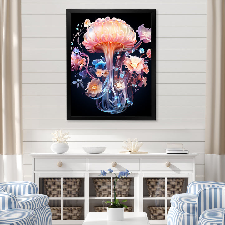 Pink and blue Jellyfish Drift - Coastal Animal Framed Canvas Art