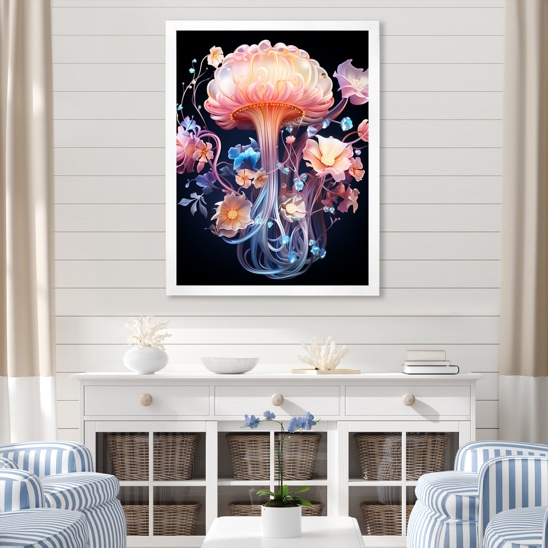 Pink and blue Jellyfish Drift - Coastal Animal Framed Canvas Art