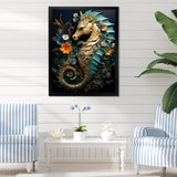 Gold and blue Seahorse Sanctuary - Coastal Animal Home Decor Art