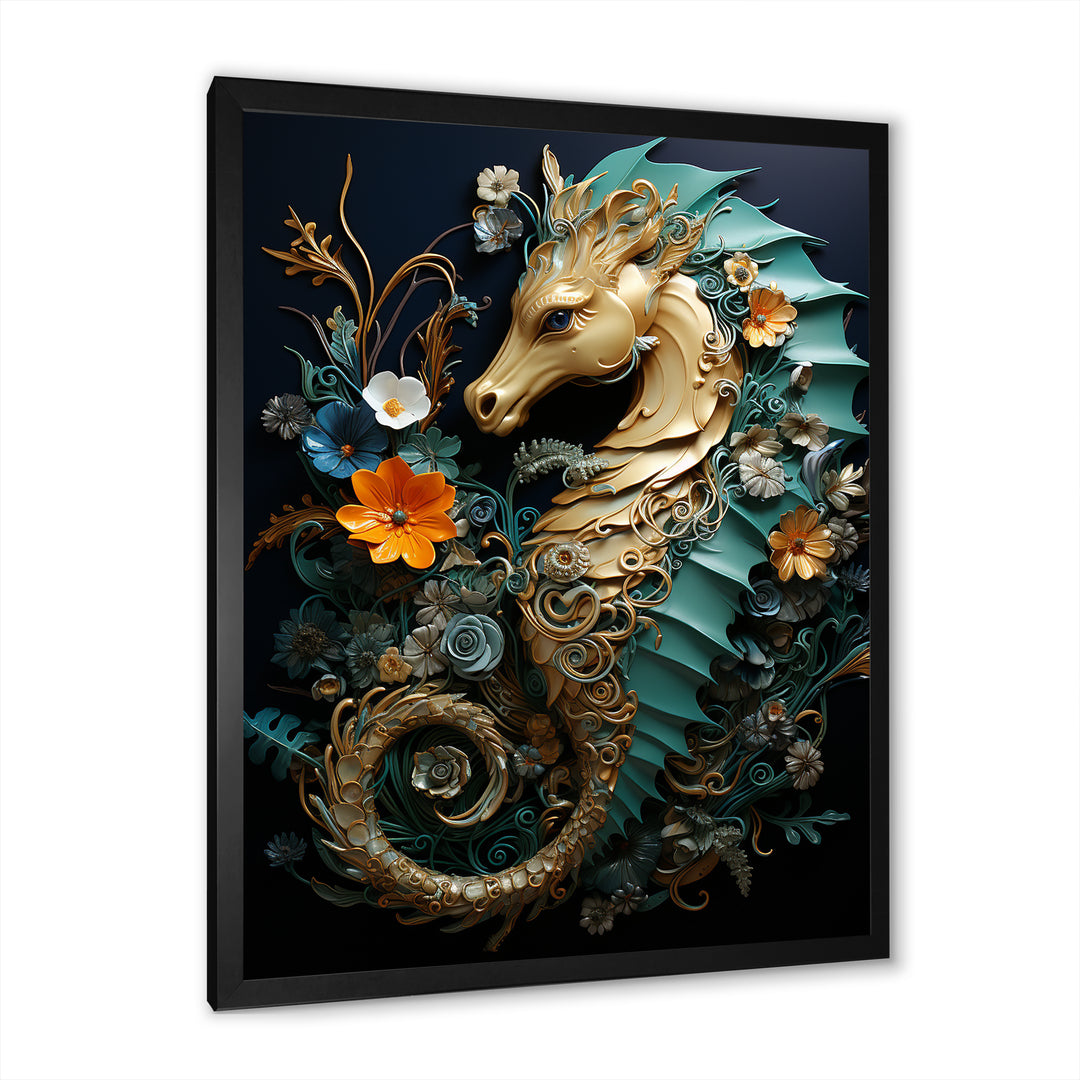 Gold and blue Seahorse Sanctuary - Coastal Animal Home Decor Art