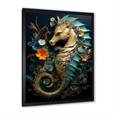 Gold and blue Seahorse Sanctuary - Coastal Animal Home Decor Art