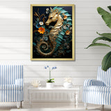 Gold and blue Seahorse Sanctuary - Coastal Animal Home Decor Art
