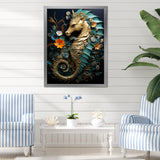 Gold and blue Seahorse Sanctuary - Coastal Animal Home Decor Art