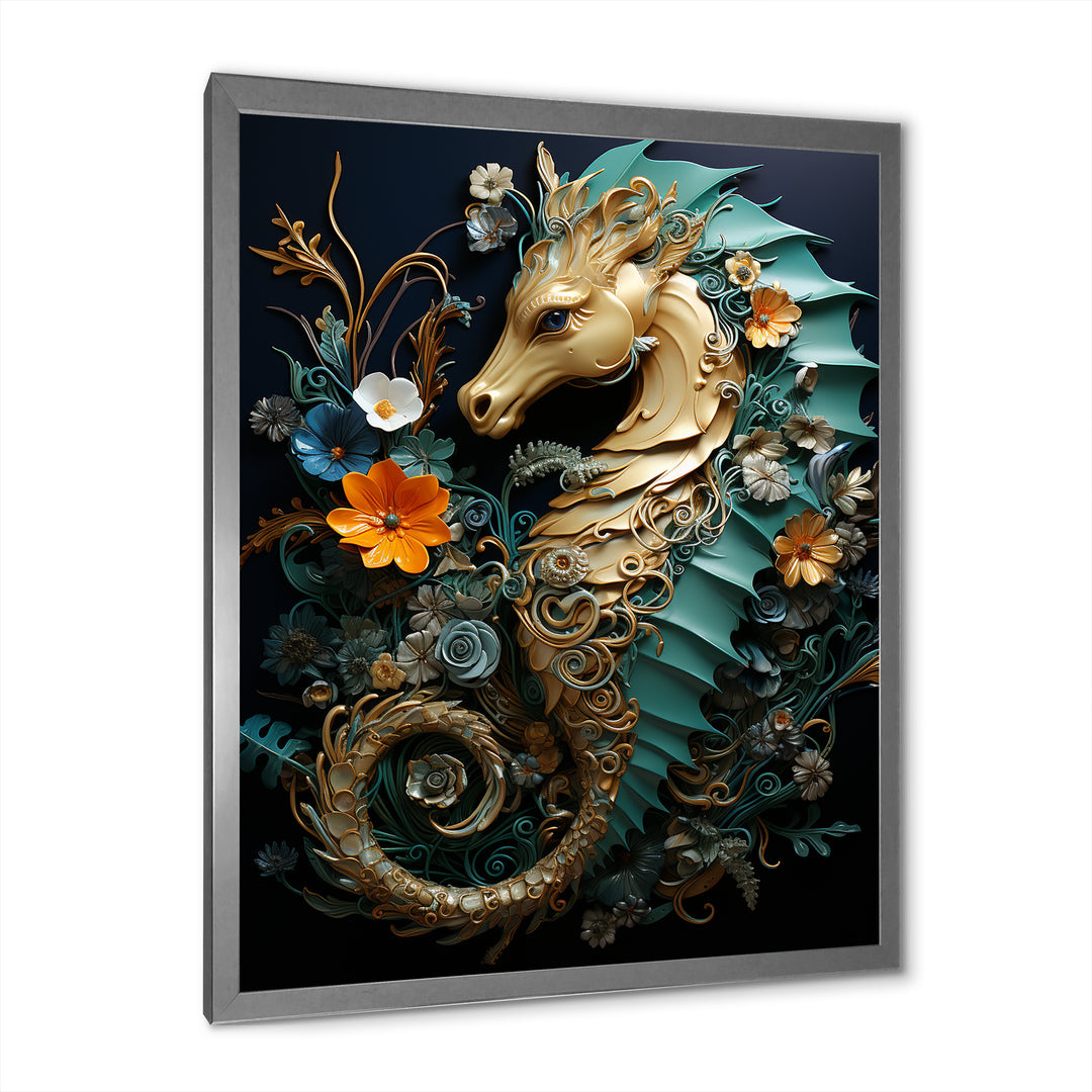 Gold and blue Seahorse Sanctuary - Coastal Animal Home Decor Art