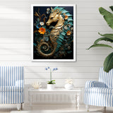 Gold and blue Seahorse Sanctuary - Coastal Animal Home Decor Art