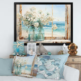 Blue window beachfront view blooms I - Coastal Canvas Wall Art