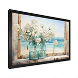 Blue window beachfront view blooms I - Coastal Canvas Wall Art