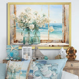 Blue window beachfront view blooms I - Coastal Canvas Wall Art