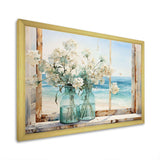 Blue window beachfront view blooms I - Coastal Canvas Wall Art