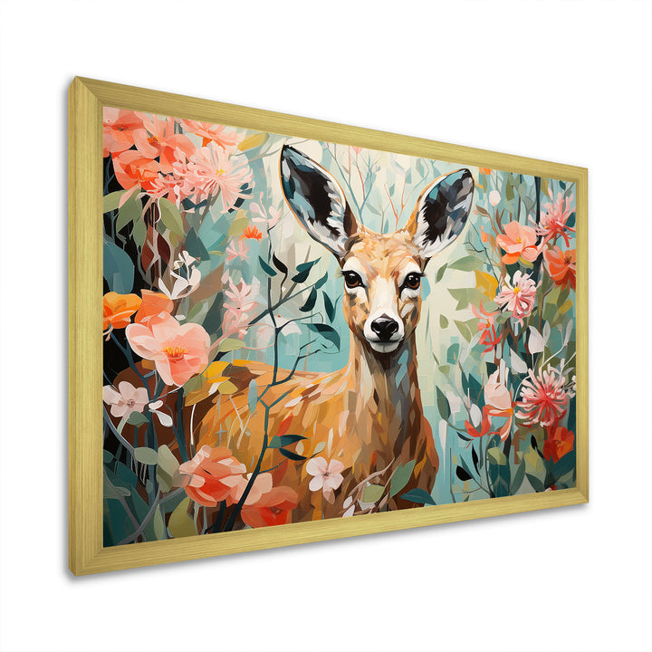 Pink and green deer blooms - Deer Large Canvas Wall Art