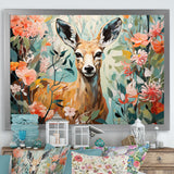 Pink and green deer blooms - Deer Large Canvas Wall Art