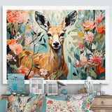 Pink and green deer blooms - Deer Large Canvas Wall Art