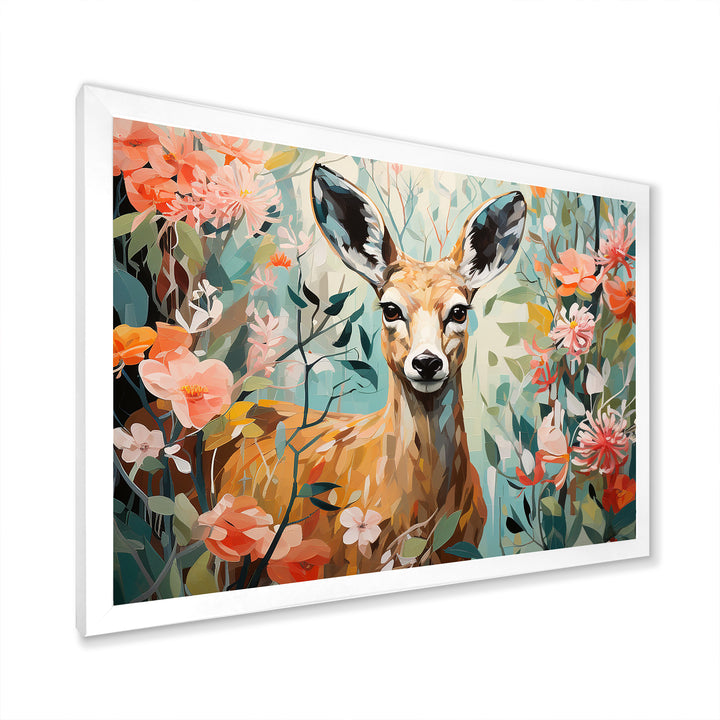 Pink and green deer blooms - Deer Large Canvas Wall Art