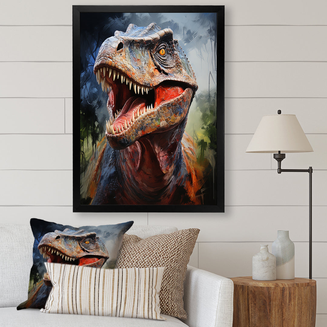 Blue and grey Prehistoric dinosaur giant portrait - Dinosaur Framed Canvas Art