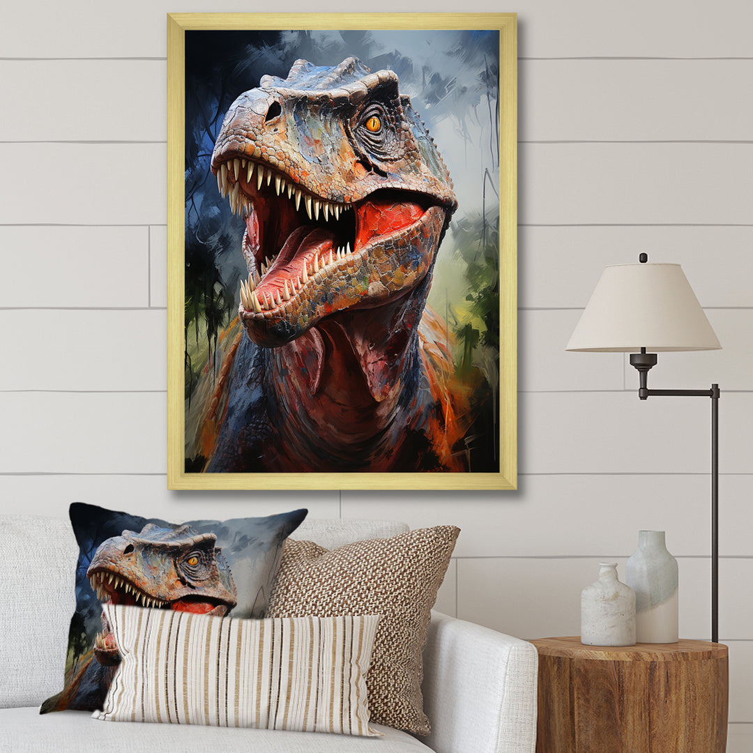 Blue and grey Prehistoric dinosaur giant portrait - Dinosaur Framed Canvas Art