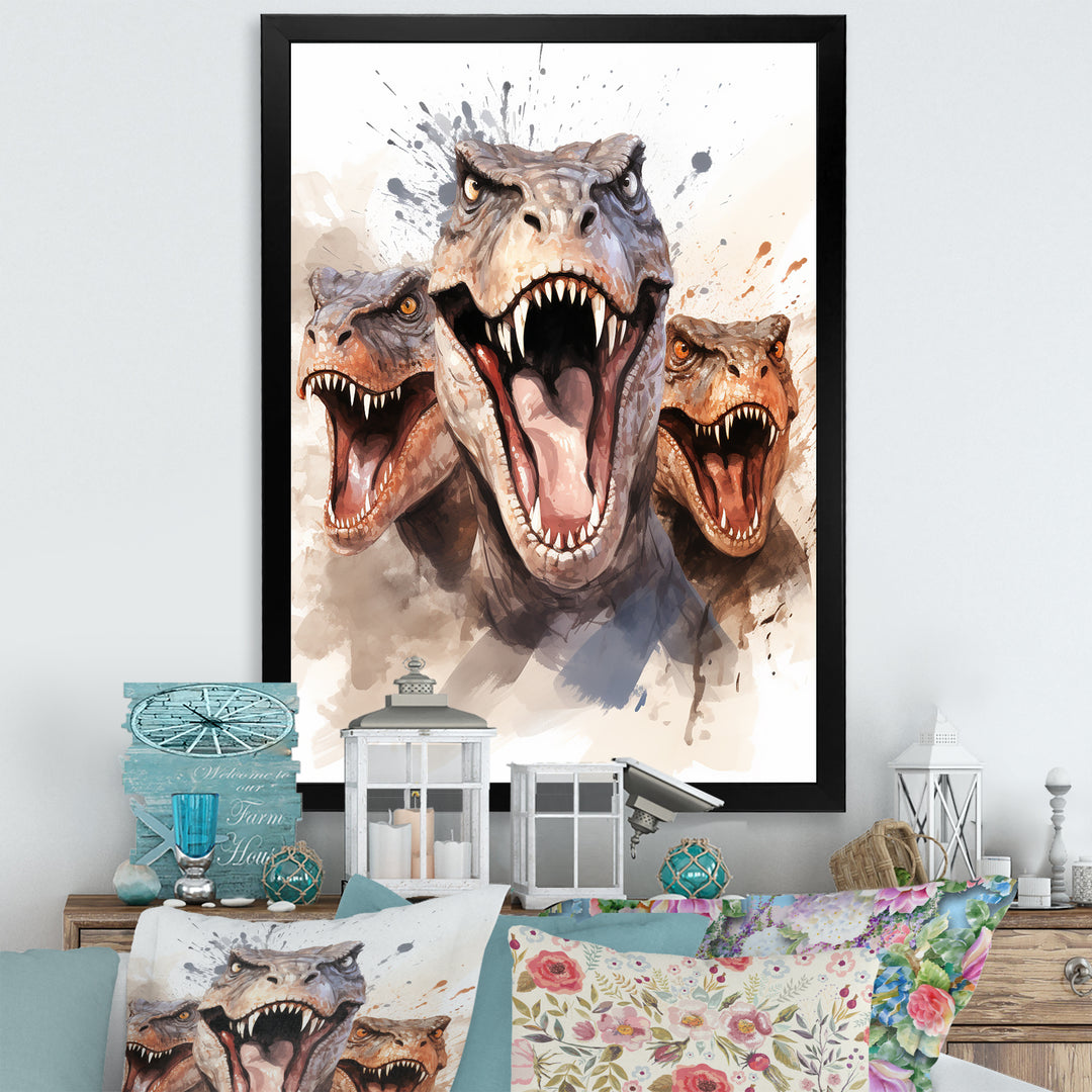 Family Of Velociraptor Dinosaurs Portrait - Dinosaur Framed Canvas Art