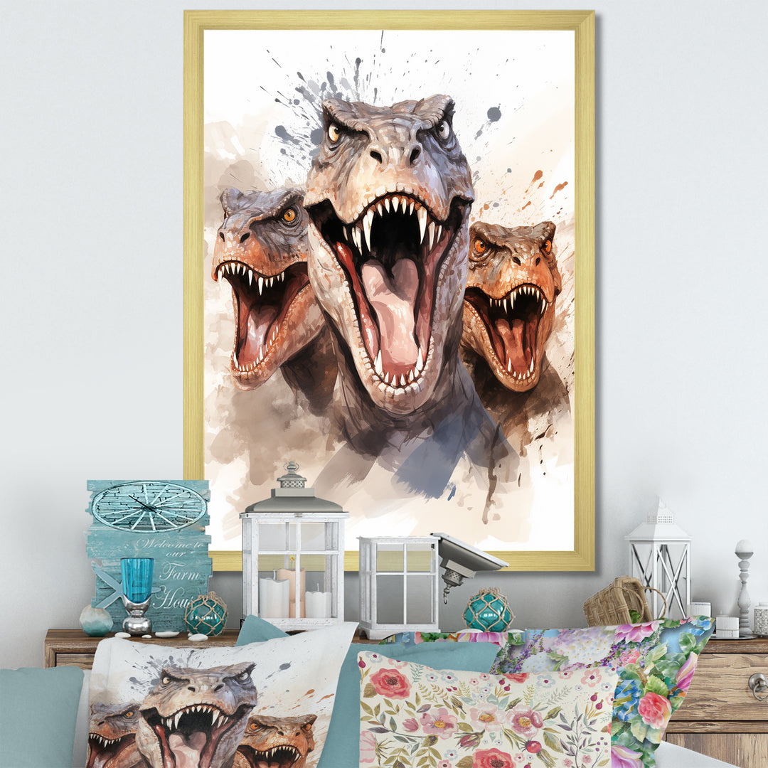 Family Of Velociraptor Dinosaurs Portrait - Dinosaur Framed Canvas Art