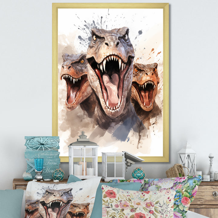 Family Of Velociraptor Dinosaurs Portrait - Dinosaur Framed Canvas Art