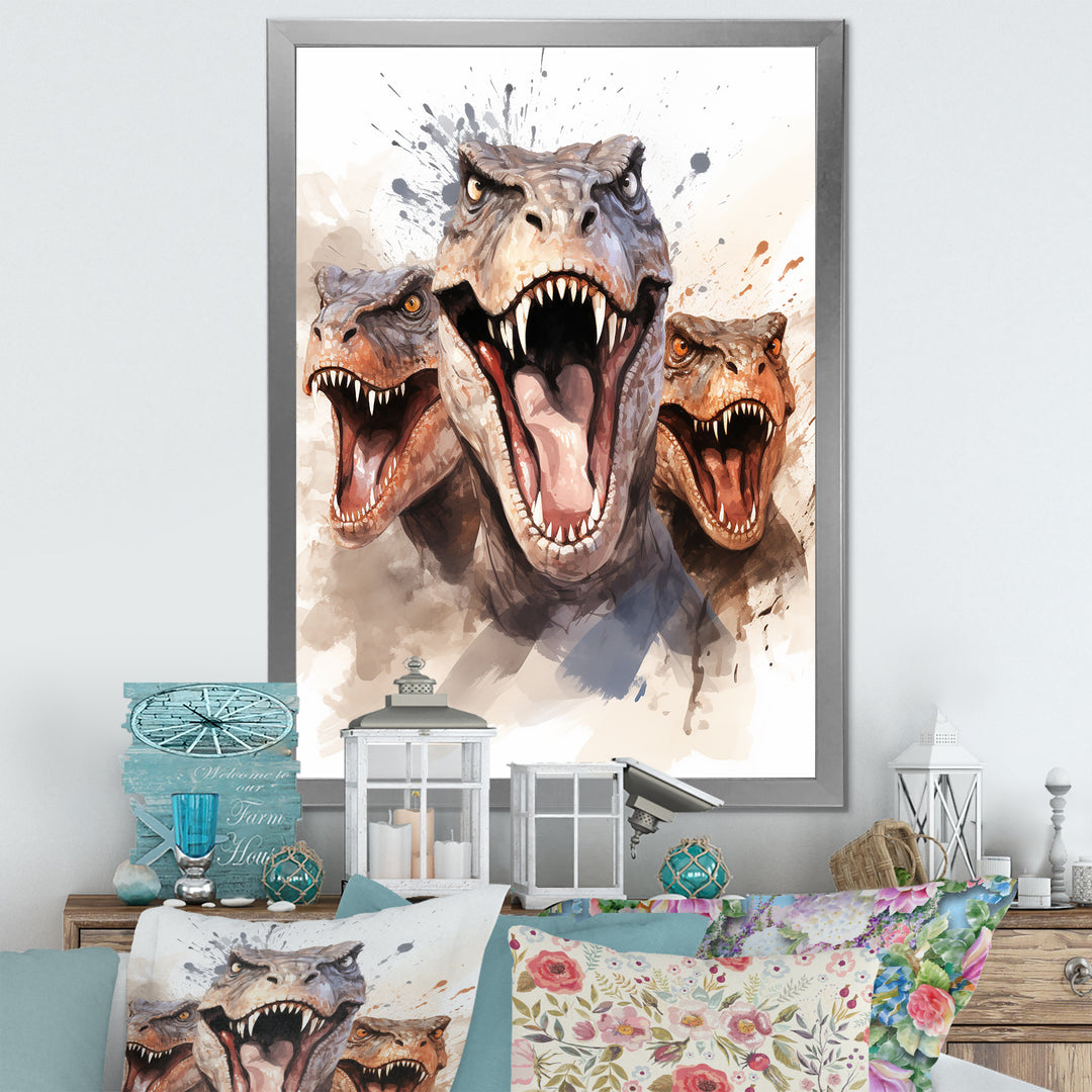 Family Of Velociraptor Dinosaurs Portrait - Dinosaur Framed Canvas Art