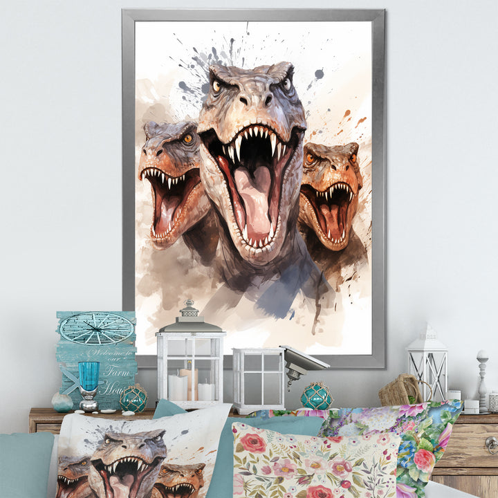 Family Of Velociraptor Dinosaurs Portrait - Dinosaur Framed Canvas Art